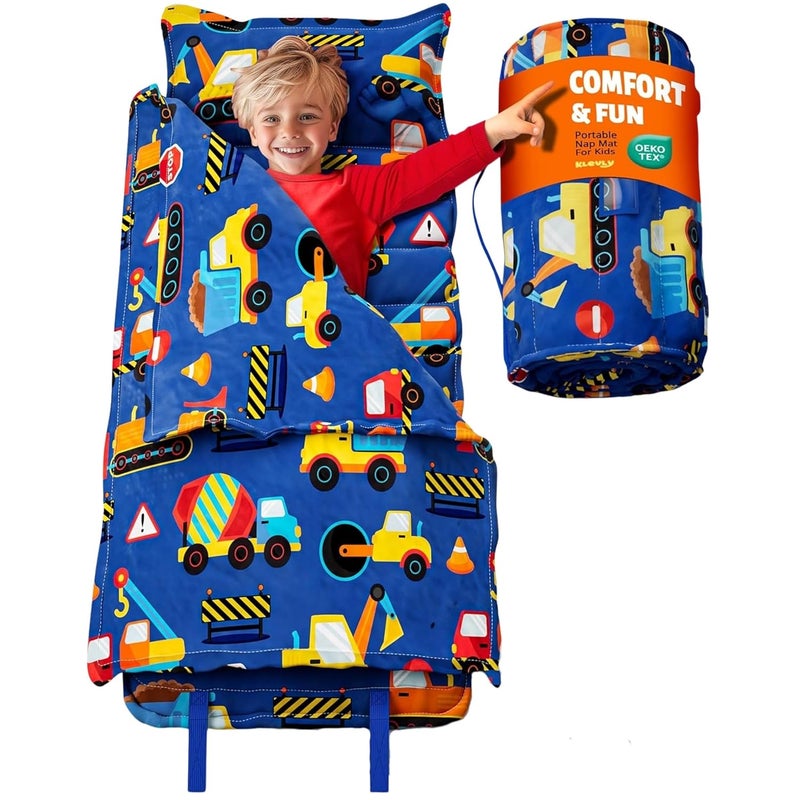 Klevly Nap Mats for Preschool Ages 3-5 | Toddler Sleep Mat | Soft & Non-Toxic Nap Mat Fabric with Pillow | Toddler Nap Mats for Daycare & Kindergarten | Construction Theme - Image 1